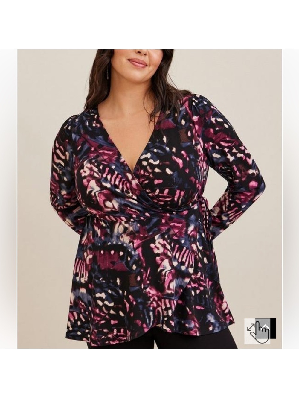 Torrid Studio Knit Surplice Wrap Long Sleeve Top Black Print Size 0 NEW
